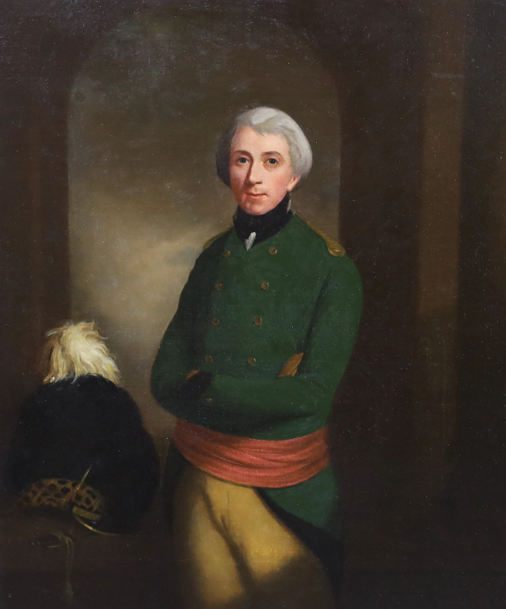 After Thomas Beach (English, 1738-1806), Three quarter length portrait of Lewis Dymoke Grosvenor Tregonwell (1758-1832), the Founder of Bournemouth, wearing the uniform of a Captain in the Dorset Yeomanry, oil on canvas,